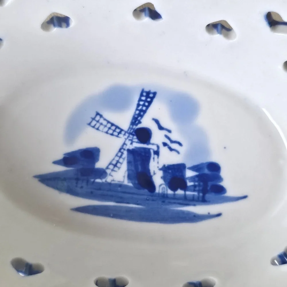Vintage Delft Style Blue White Ceramic Basket Windmill Punched Hearts Hand Paint